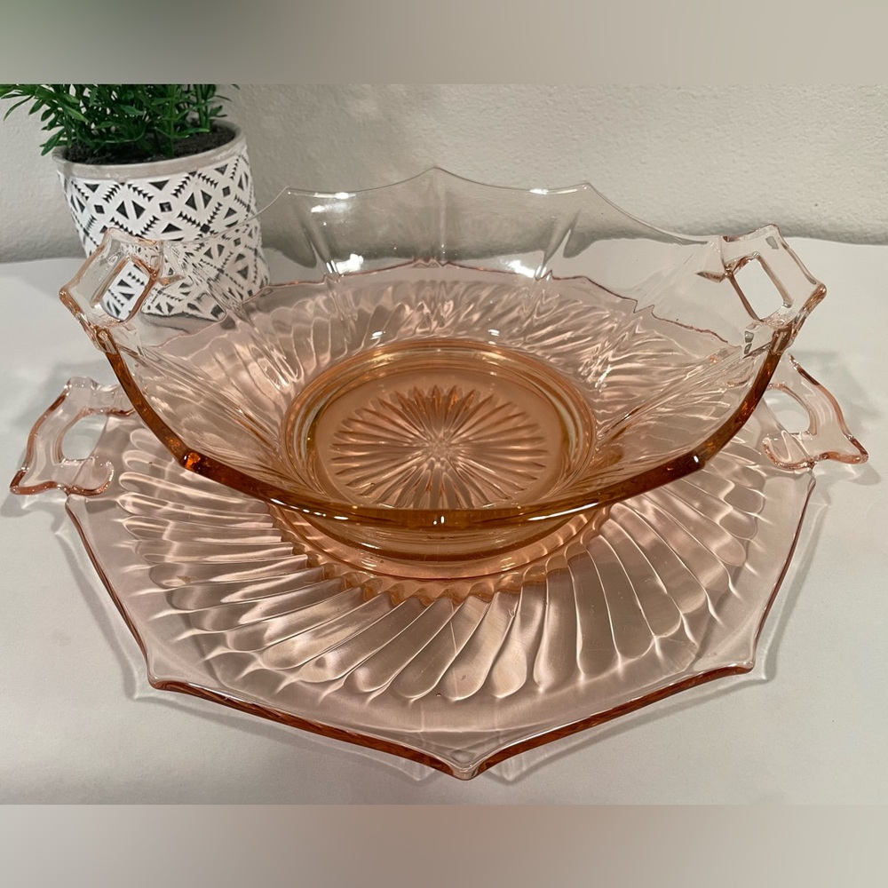 Mix & Matched Pink Depression Glass Serving Bowl & Platter Set.